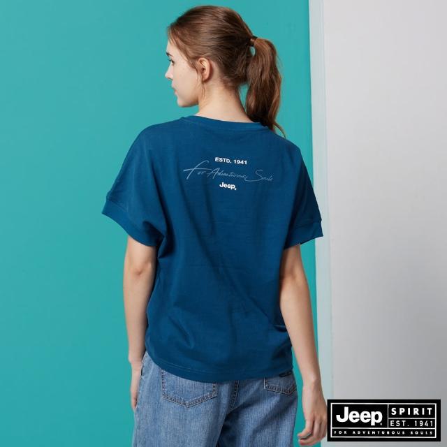 【JEEP】女裝 連袖文字純棉短袖T恤(藍色)