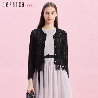 【Jessica Red】輕薄鏤空針織流蘇邊針織短外套R43401（黑）