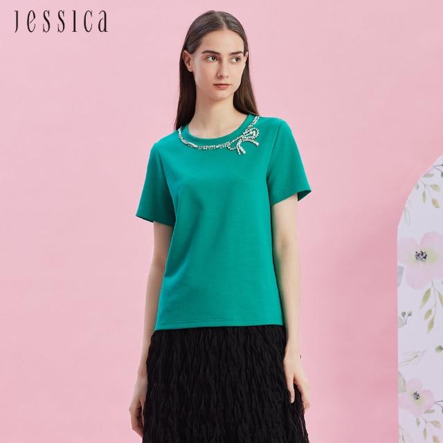 【JESSICA】舒適彈力棉鑽飾圓領短袖T恤G43601（綠）