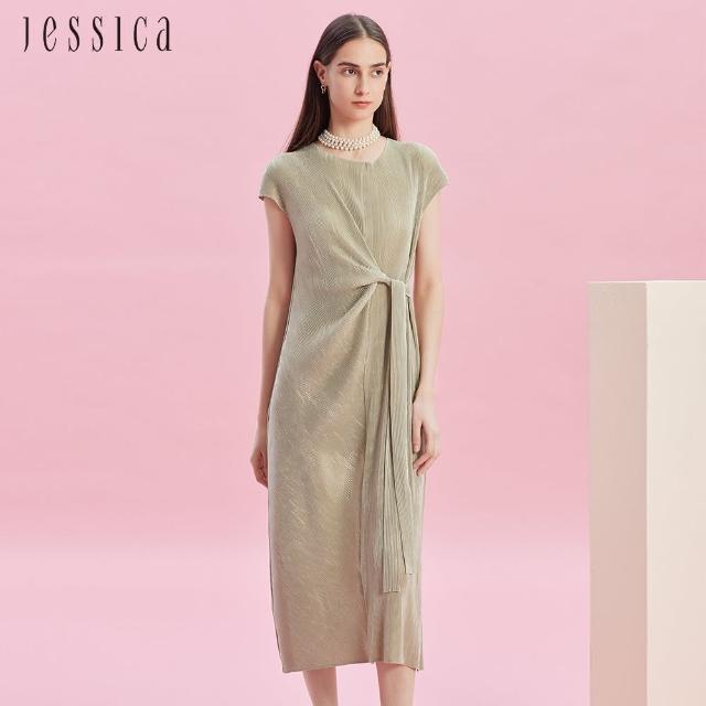 【JESSICA】氣質顯瘦彈力皺褶綁帶長洋裝J43703（香檳色）