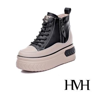 【HMH】真皮休閒鞋 厚底高休閒鞋/真皮時尚拼接高筒厚底內增高休閒鞋(黑)
