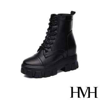 【HMH】真皮馬丁靴 厚底馬丁靴/真皮小圓頭粗跟厚底內增高馬丁靴(黑)