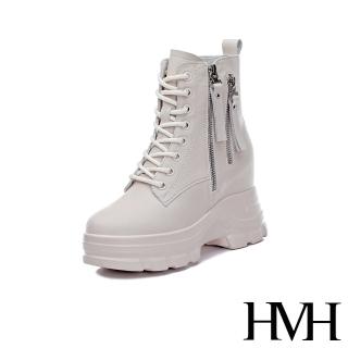 【HMH】真皮短靴 厚底短靴/真皮潮流金屬拉鍊裝飾鬆糕厚底內增高短靴(米)