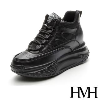 【HMH】真皮休閒鞋 厚底休閒鞋/真皮個性拼接潮流厚底內增高休閒鞋(黑)