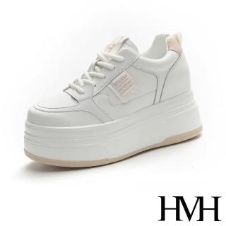 【HMH】真皮休閒鞋 厚底休閒鞋/真皮圓頭運動風個性厚底內增高休閒鞋(白)