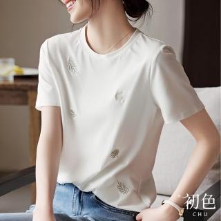 【初色】圓領素色植物刺繡休閒寬鬆短袖T恤上衣-白色-34555(M-2XL可選)