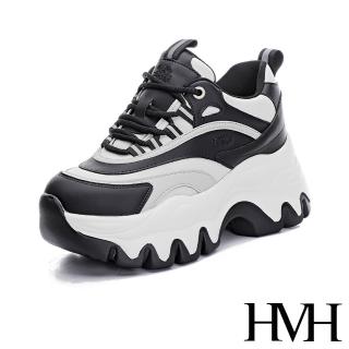 【HMH】真皮休閒鞋 厚底休閒鞋/真皮流線拼接個性厚底內增高老爹鞋 休閒鞋(白)
