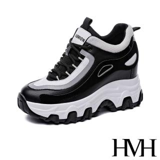 【HMH】真皮休閒鞋 厚底休閒鞋/真皮異材質流線拼接厚底內增高休閒鞋(黑)