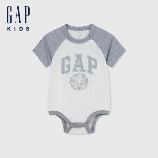 【GAP】嬰兒裝 Logo純棉小熊印花圓領短袖包屁衣-灰白拼接(505577)