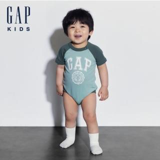 【GAP】嬰兒裝 Logo純棉小熊印花圓領短袖包屁衣-淺綠色(505577)