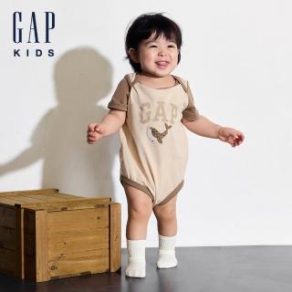 【GAP】嬰兒裝 Logo純棉印花圓領短袖包屁衣-卡其色(505609)