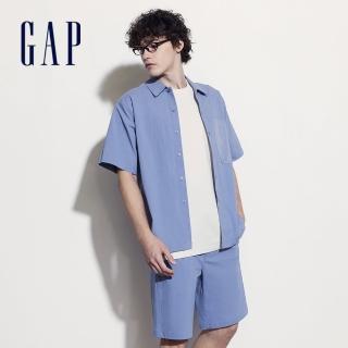 【GAP】男裝 Logo翻領短袖襯衫-藍灰色(464287)