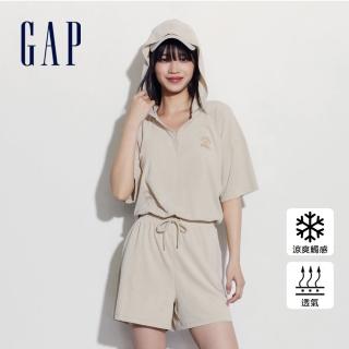 【GAP】女裝 Logo抽繩連帽短袖連身短褲-米色(430392)