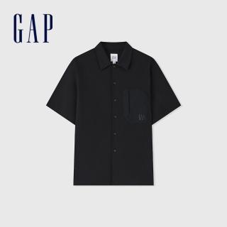 【GAP】男裝 Logo翻領短袖襯衫-黑色(464287)