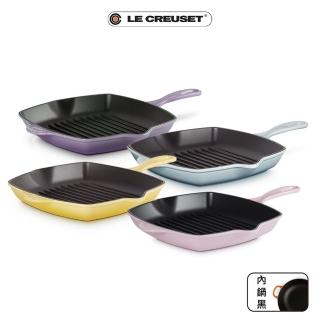 【Le Creuset】琺瑯鑄鐵鍋單柄方鐵烤盤26cm(雪紡粉/閃亮黃/海岸藍/藍鈴紫 4色選1)