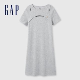 【GAP】女裝 小熊刺繡圓領短袖洋裝-灰色(465047)