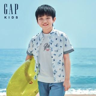 【GAP】男童裝 Logo印花翻領短袖襯衫-白色(466149)