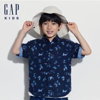 【GAP】男童裝 Logo印花翻領短袖襯衫-海軍藍(466149)