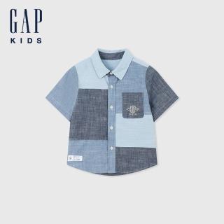 【GAP】男幼童裝 Logo印花翻領短袖襯衫-藍色(465970)