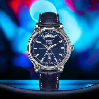【AVIATOR】飛行員 DOUGLAS DAY-DATE 41 機械錶 男錶 手錶(藍色-V32001454)