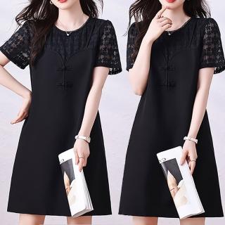 【麗質達人】1353黑色復古風假二件洋裝LY(L-5XL)