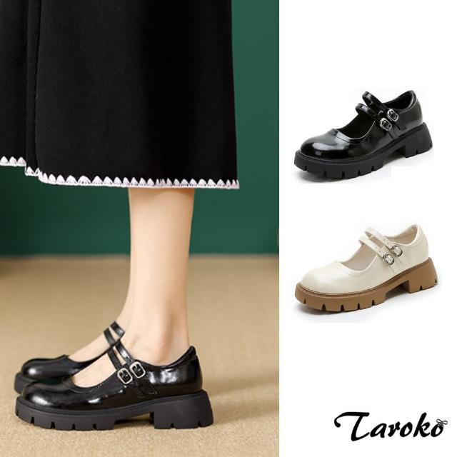 【Taroko】清秀佳人圓頭雙層一字帶粗跟鞋(2色可選)