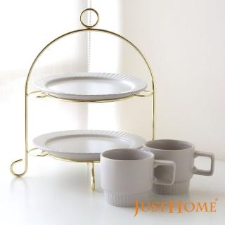 【Just Home】條紋色釉陶瓷午茶5件組-雙層蛋糕盤組附架+咖啡杯(咖啡杯/蛋糕盤/點心盤)