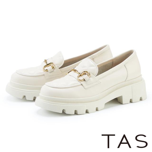 【TAS】真皮縫線馬銜釦鬆糕厚底樂福鞋(米色)