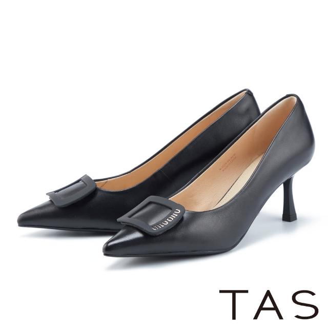 【TAS】霧面方釦羊皮尖頭高跟鞋(黑色)