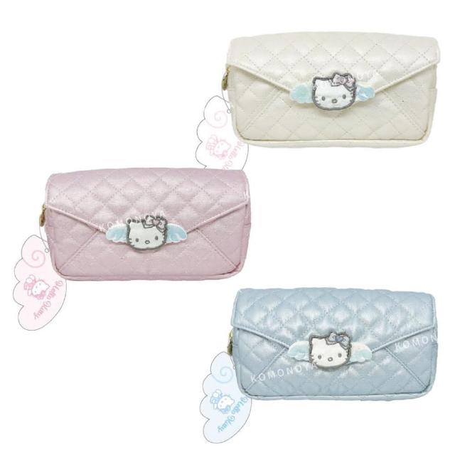 【小禮堂】Hello Kitty 珠光菱格皮質化妝包 - Y2K天使款(平輸品)