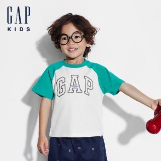 【GAP】兒童裝 Logo純棉圓領短袖T恤-白綠拼色(545580)