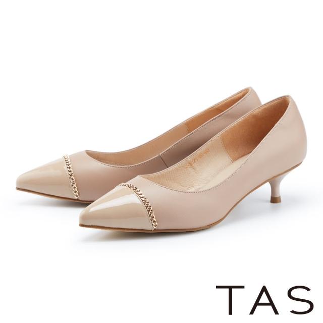 【TAS】雙皮革質感金屬鍊條尖頭中跟鞋(裸色)