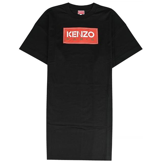 【KENZO】經典品牌燙印LOGO棉質短袖T恤連身裙(女款/黑)