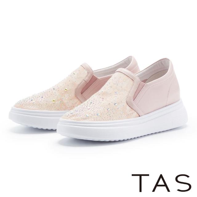 【TAS】雙材質拼接燙鑽厚底休閒鞋(粉紅)