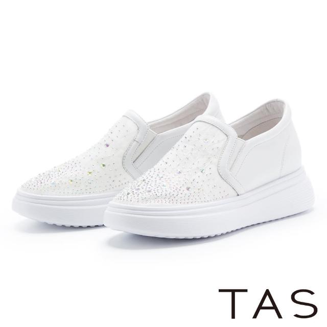 【TAS】雙材質拼接燙鑽厚底休閒鞋(白色)