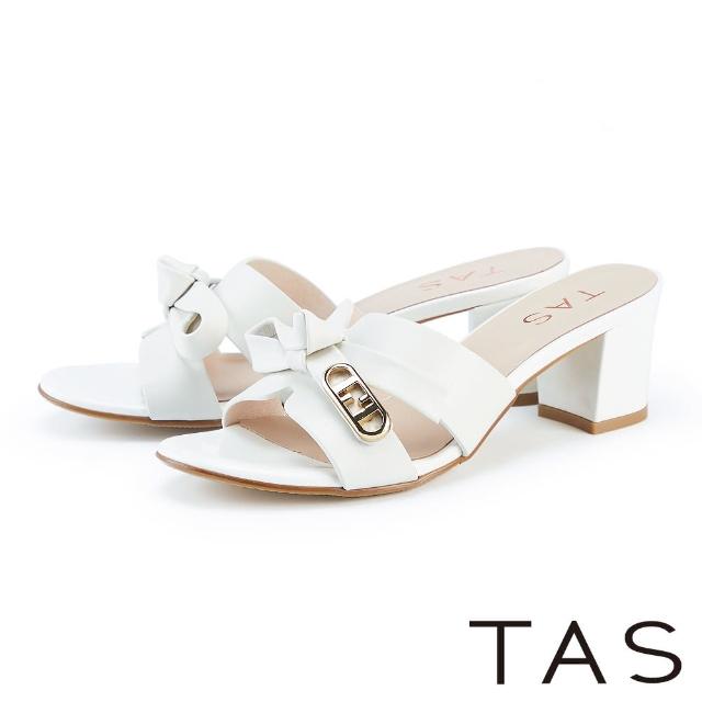 【TAS】造型金屬飾釦真皮高跟拖鞋(白色)