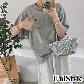 【UniStyle】短袖T恤 韓版小蝴蝶結刺繡上衣 女 UP1630(花灰)