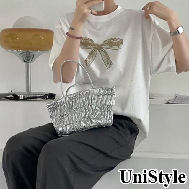【UniStyle】短袖T恤 韓版蕾絲蝴蝶結印花上衣 女 UP1659(白)