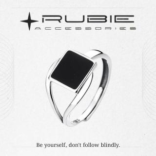 【RUBIE ACCESSORIES】正方形黑色滴釉工藝造型S925純銀活口可調整戒圍戒指(YJ0032YCX)