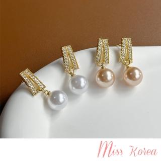 【MISS KOREA】S925銀針耳環 美鑽耳環/韓國設計S925銀針幾何美鑽鑲嵌珍珠耳環(2色任選)
