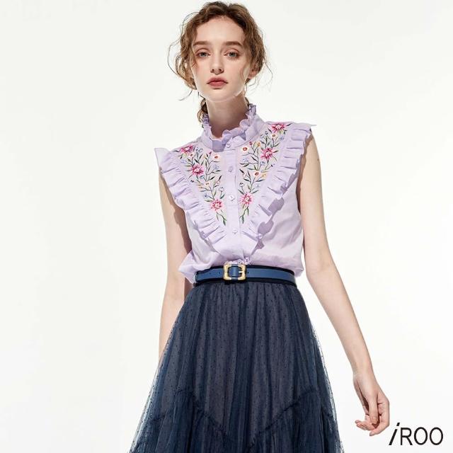【iROO】彩色花卉刺繡粉紫上衣