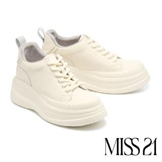 【MISS 21】率性潮感撞色牛皮綁帶厚底休閒鞋(白)