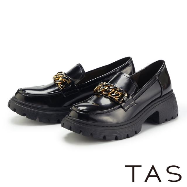 【TAS】鏡面真皮串鍊鋸齒厚底樂福鞋(黑色)