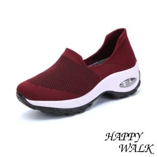 【HAPPY WALK】氣墊健步鞋/透氣網布飛織套腳休閒氣墊健步鞋(酒紅)