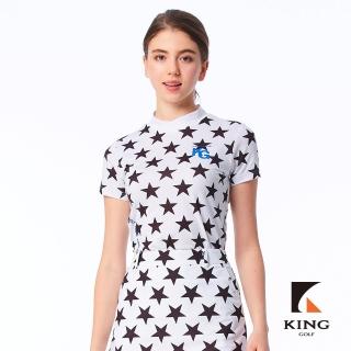 【KING GOLF】實體同步款-女款滿版大星星印花撞色KG透氣涼感小立領造型上衣/高爾夫球衫(白色)