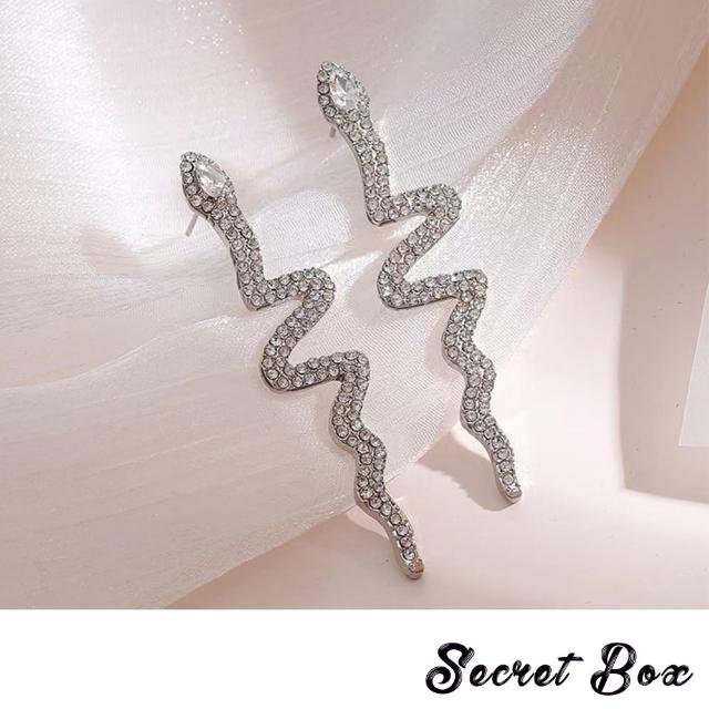 【SECRET BOX】S925銀針耳環 蛇型耳環/韓國設計S925銀針華麗美鑽蛇型復古耳環(2色任選)