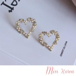 【MISS KOREA】韓國設計S925銀針閃耀美鑽珍珠浪漫心型耳釘(S925銀針耳釘 美鑽耳釘 珍珠耳釘)