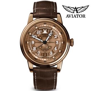 【AVIATOR】飛行員 DOUGLAS DAY-DATE 41 鏤空機械錶 男錶 手錶(玫瑰金色-V33682904)