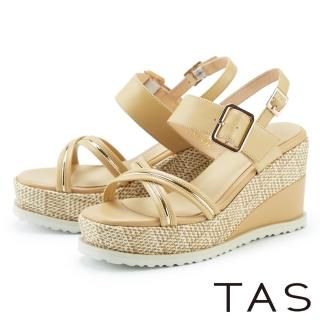 【TAS】金屬飾條裝飾真皮高跟楔型涼鞋(淺棕)