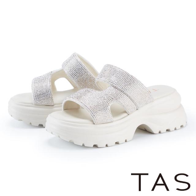【TAS】燙鑽絨布休閒鬆糕厚底拖鞋(米色)